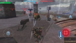 A war robot firing its guns with in-game action