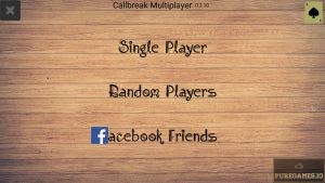 The starting screen for Callbreak Multiplayer with options for Single Player, Random Players, and Facebook Friends